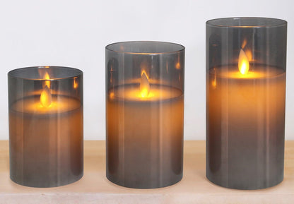 Set Of 3 USB Rechargeable LED Wax Smoked Grey Glass Flameless Candles With Remote Control - Energy Light Bulbs - Free delivery on all orders