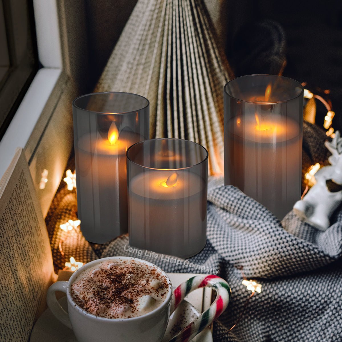 Set Of 3 USB Rechargeable LED Wax Smoked Grey Glass Flameless Candles With Remote Control - Energy Light Bulbs - Free delivery on all orders