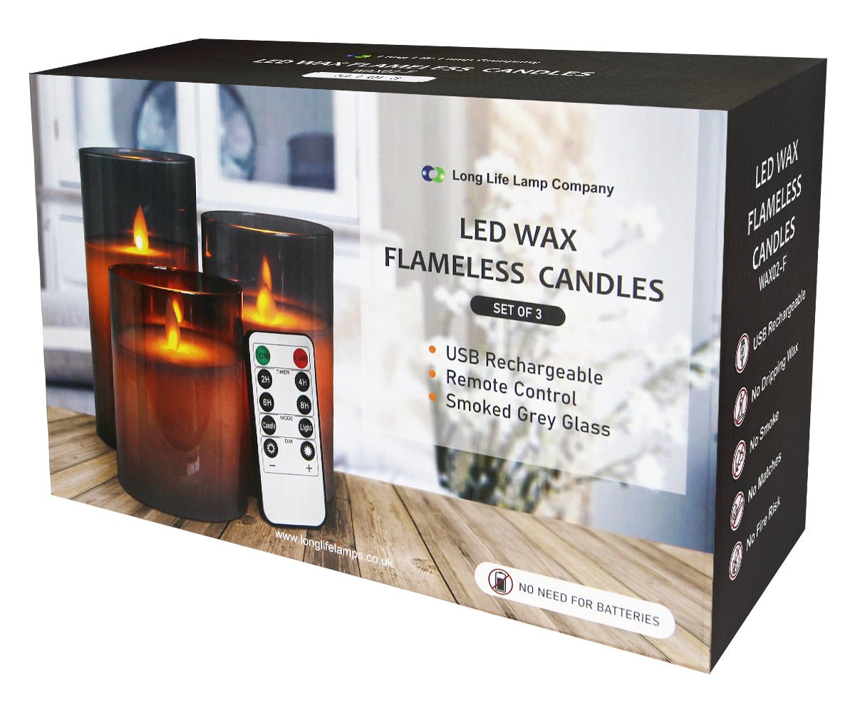 Set Of 3 USB Rechargeable LED Wax Smoked Grey Glass Flameless Candles With Remote Control - Energy Light Bulbs - Free delivery on all orders