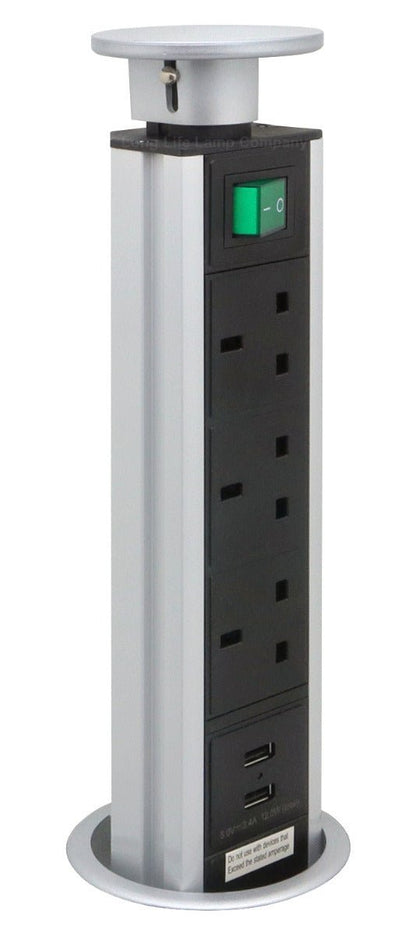 Silver Top Power Tower Pop Up Socket With 2 USB Charging Port 3 Plug Sockets - Energy Light Bulbs - Free delivery on all orders