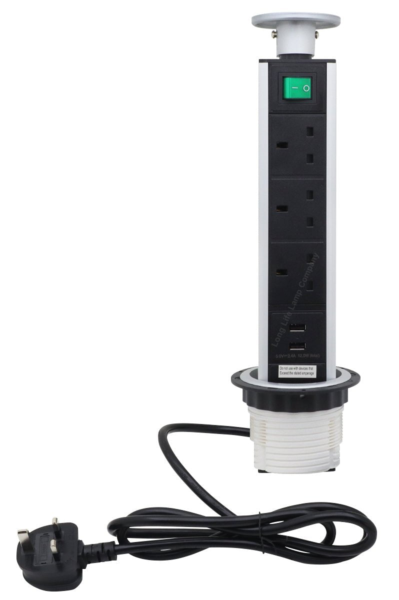 Silver Top Power Tower Pop Up Socket With 2 USB Charging Port 3 Plug Sockets - Energy Light Bulbs - Free delivery on all orders
