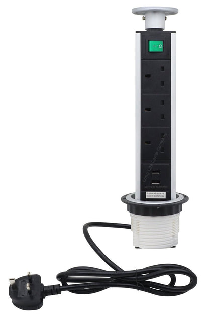 Silver Top Power Tower Pop Up Socket With 2 USB Charging Port 3 Plug Sockets - Energy Light Bulbs - Free delivery on all orders