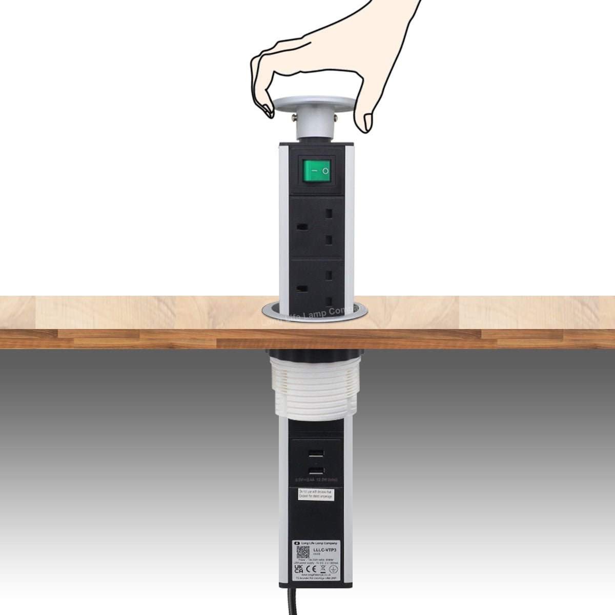 Silver Top Power Tower Pop Up Socket With 2 USB Charging Port 3 Plug Sockets - Energy Light Bulbs - Free delivery on all orders