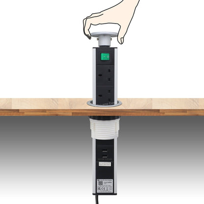 Silver Top Power Tower Pop Up Socket With 2 USB Charging Port 3 Plug Sockets - Energy Light Bulbs - Free delivery on all orders