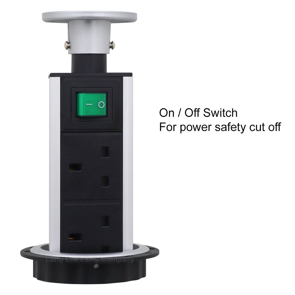 Silver Top Power Tower Pop Up Socket With 2 USB Charging Port 3 Plug Sockets - Energy Light Bulbs - Free delivery on all orders