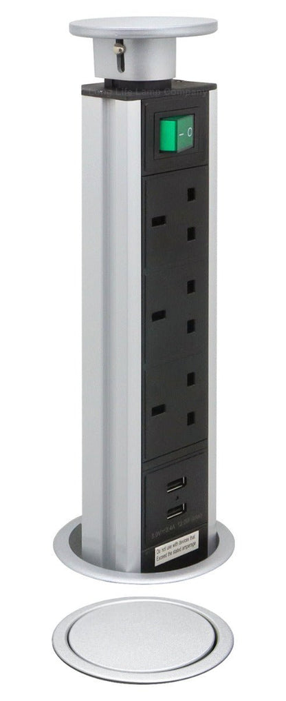 Silver Top Power Tower Pop Up Socket With 2 USB Charging Port 3 Plug Sockets - Energy Light Bulbs - Free delivery on all orders