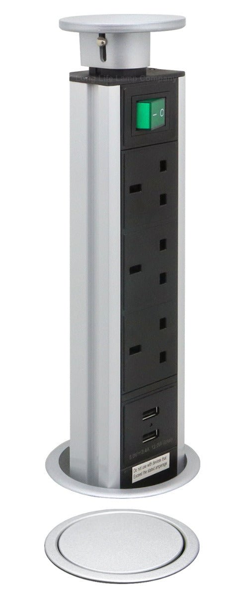 Silver Top Power Tower Pop Up Socket With 2 USB Charging Port 3 Plug Sockets - Energy Light Bulbs - Free delivery on all orders