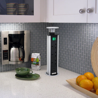 Silver Top Power Tower Pop Up Socket With 2 USB Charging Port 3 Plug Sockets - Energy Light Bulbs - Free delivery on all orders