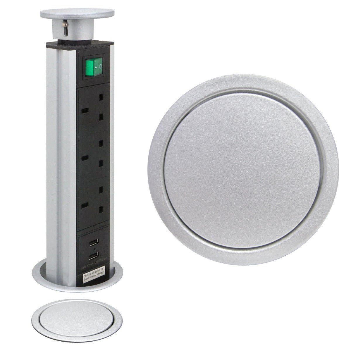 Silver Top Power Tower Pop Up Socket With 2 USB Charging Port 3 Plug Sockets - Energy Light Bulbs - Free delivery on all orders