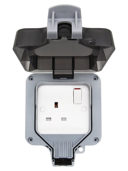 Single 13A 1 - Gang Weatherproof Outdoor Switched Socket IP66 Rated - Energy Light Bulbs - Free delivery on all orders