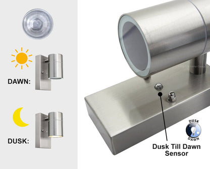 Single Outdoor Wall Light Dusk Till Dawn Sensor Stainless Steel Finish IP65 - Energy Light Bulbs - Free delivery on all orders