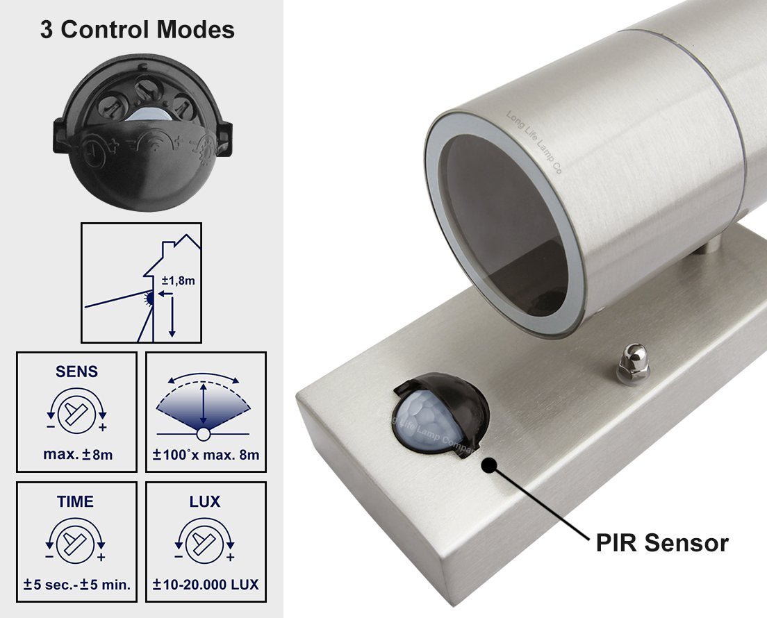 Single Outdoor Wall with PIR Movement Sensor Stainless Steel - Energy Light Bulbs - Free delivery on all orders