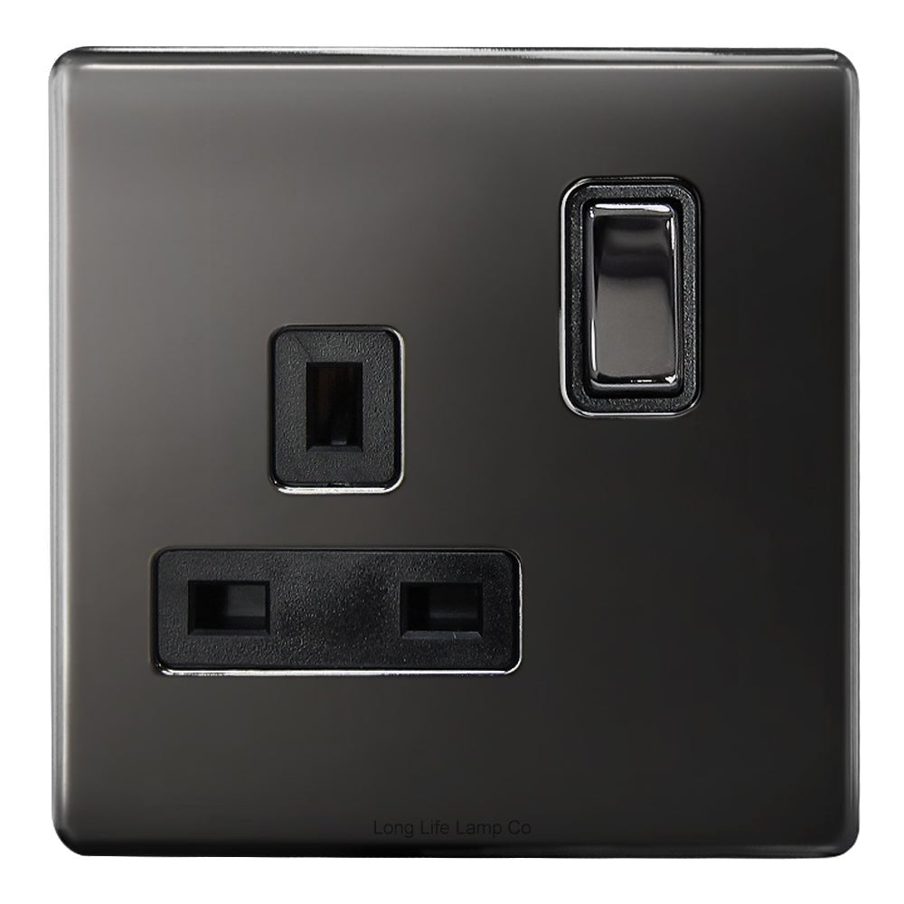 Single Wall Socket Switched Black Nickel 1 Gang Screwless 13a Single Pole - Energy Light Bulbs - Free delivery on all orders