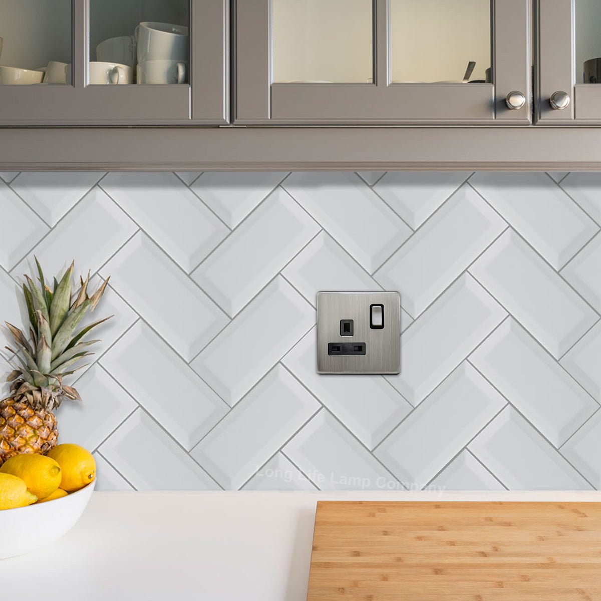 Single Wall Socket Switched Gloss Brushed Chrome 1 Gang Screwless 13a Single Pole - Energy Light Bulbs - Free delivery on all orders
