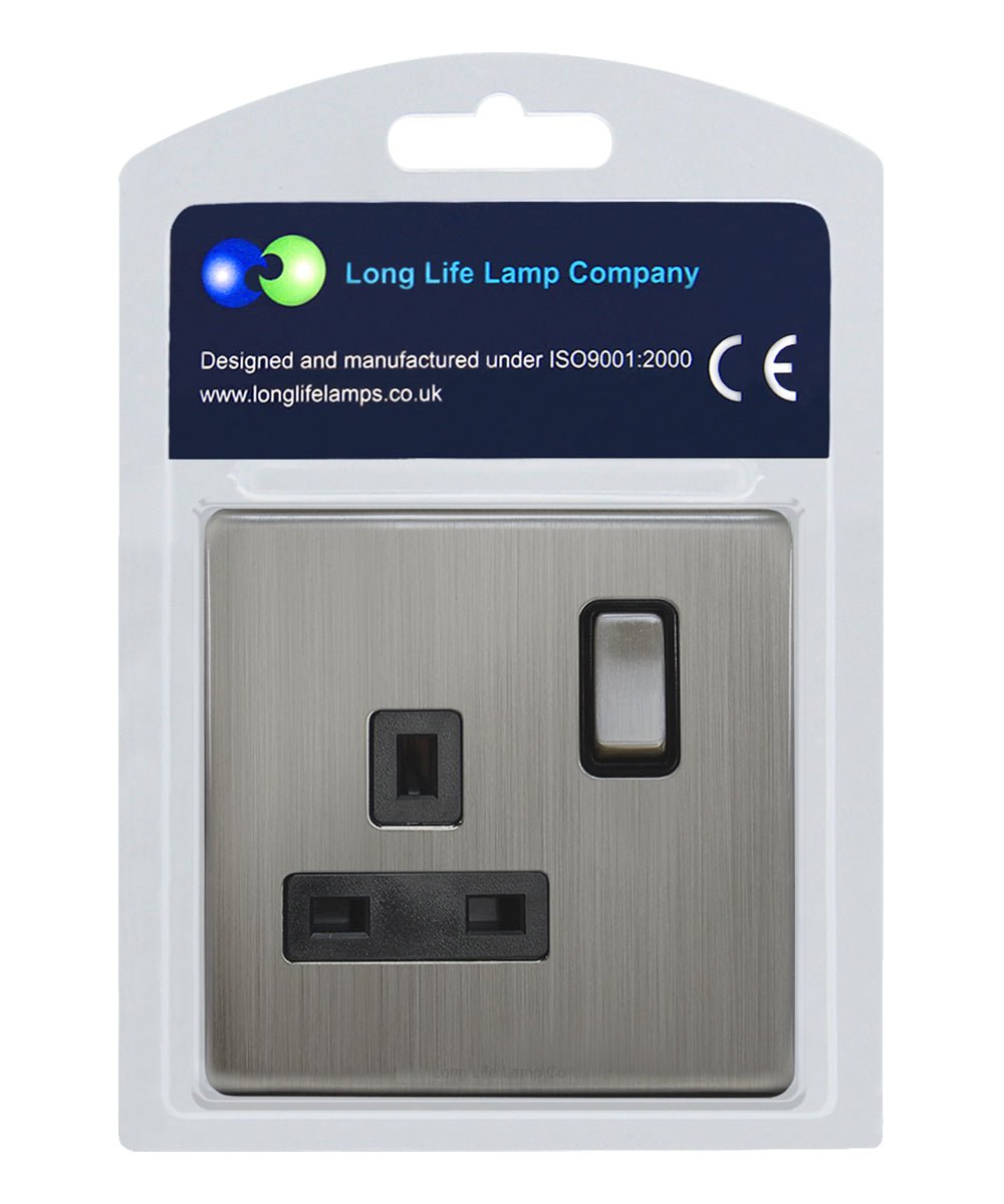 Single Wall Socket Switched Gloss Brushed Chrome 1 Gang Screwless 13a Single Pole - Energy Light Bulbs - Free delivery on all orders