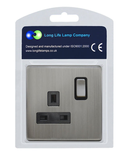 Single Wall Socket Switched Gloss Brushed Chrome 1 Gang Screwless 13a Single Pole - Energy Light Bulbs - Free delivery on all orders