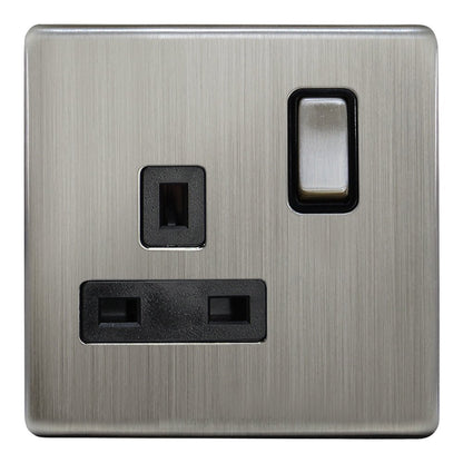 Single Wall Socket Switched Gloss Brushed Chrome 1 Gang Screwless 13a Single Pole - Energy Light Bulbs - Free delivery on all orders