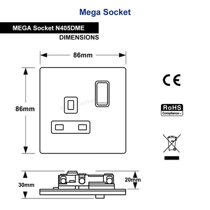 Single Wall Socket Switched Gloss Brushed Chrome 1 Gang Screwless 13a Single Pole - Energy Light Bulbs - Free delivery on all orders