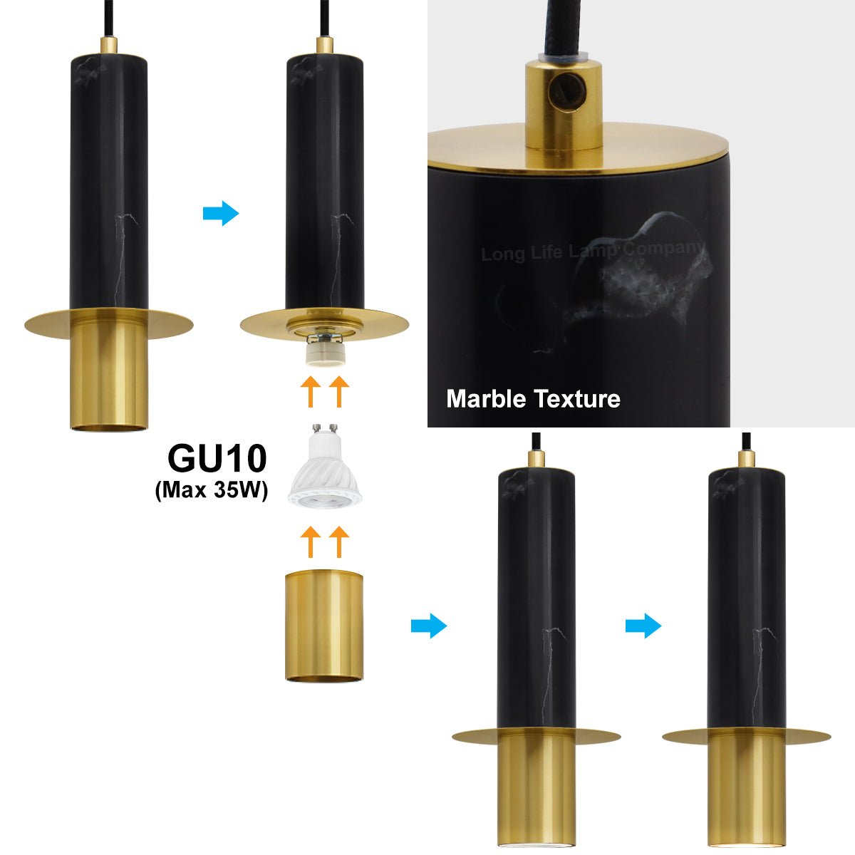 Slim Tubular Modern Black Marble Ceiling Pendant Lamp Shade Brass Holder - Energy Light Bulbs - Free delivery on all orders