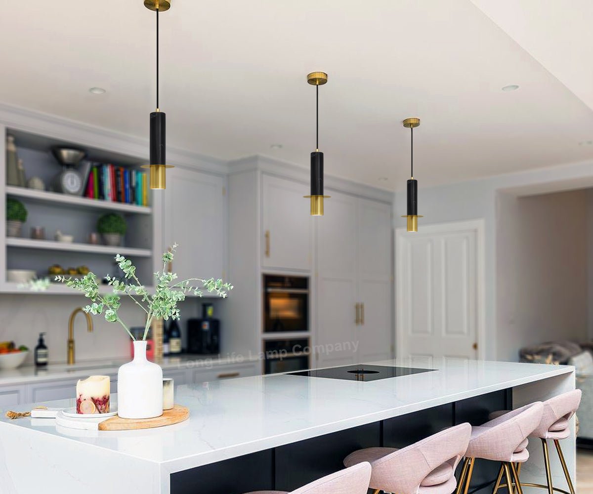 Slim Tubular Modern Black Marble Ceiling Pendant Lamp Shade Brass Holder - Energy Light Bulbs - Free delivery on all orders