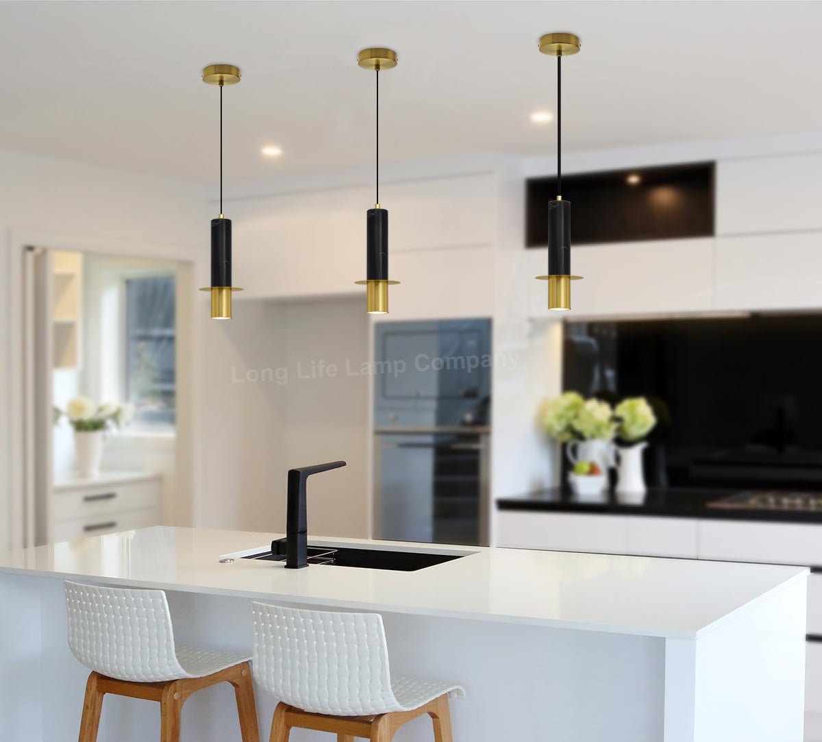 Slim Tubular Modern Black Marble Ceiling Pendant Lamp Shade Brass Holder - Energy Light Bulbs - Free delivery on all orders