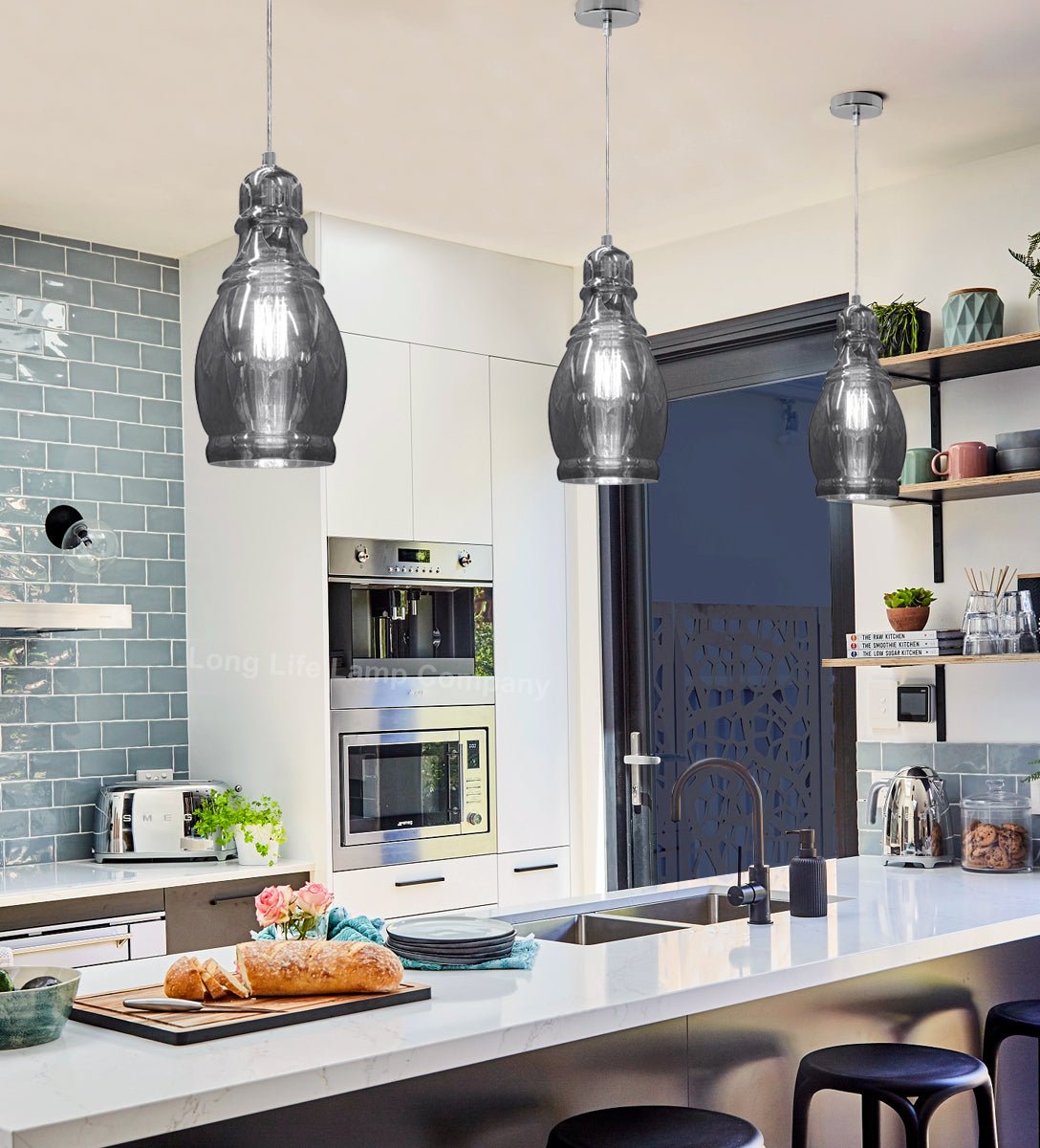 Smoke Grey Glass Ceiling Light Shade Pendant Chrome Modern Retro Vintage - Energy Light Bulbs - Free delivery on all orders