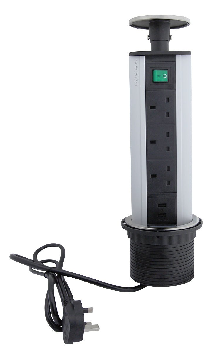 Stainless Steel Top Pop Up Socket With 2 USB Charging Port 3 Plug Sockets - Energy Light Bulbs - Free delivery on all orders