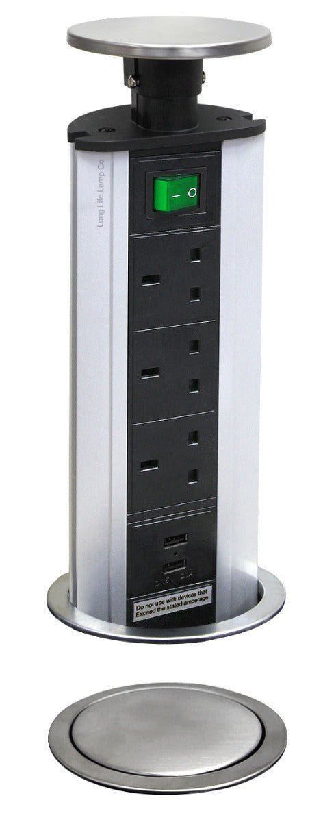 Stainless Steel Top Pop Up Socket With 2 USB Charging Port 3 Plug Sockets - Energy Light Bulbs - Free delivery on all orders
