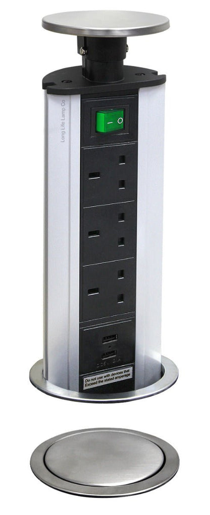 Stainless Steel Top Pop Up Socket With 2 USB Charging Port 3 Plug Sockets - Energy Light Bulbs - Free delivery on all orders