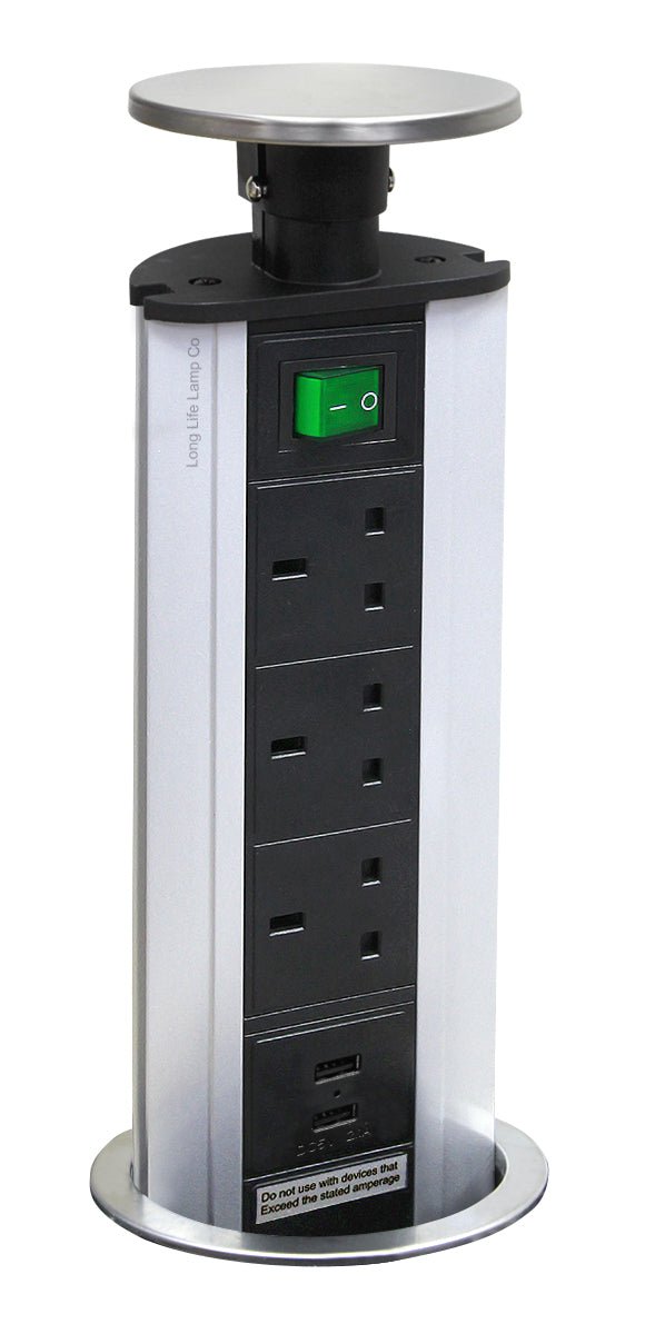 Stainless Steel Top Pop Up Socket With 2 USB Charging Port 3 Plug Sockets - Energy Light Bulbs - Free delivery on all orders