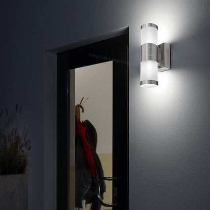 Stainless Steel Up Down Wall Light Frosted Glass Cover IP44 Garden Wall Light - Energy Light Bulbs - Free delivery on all orders