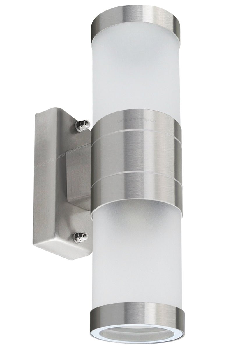 Stainless Steel Up Down Wall Light Frosted Glass Cover IP44 Garden Wall Light - Energy Light Bulbs - Free delivery on all orders