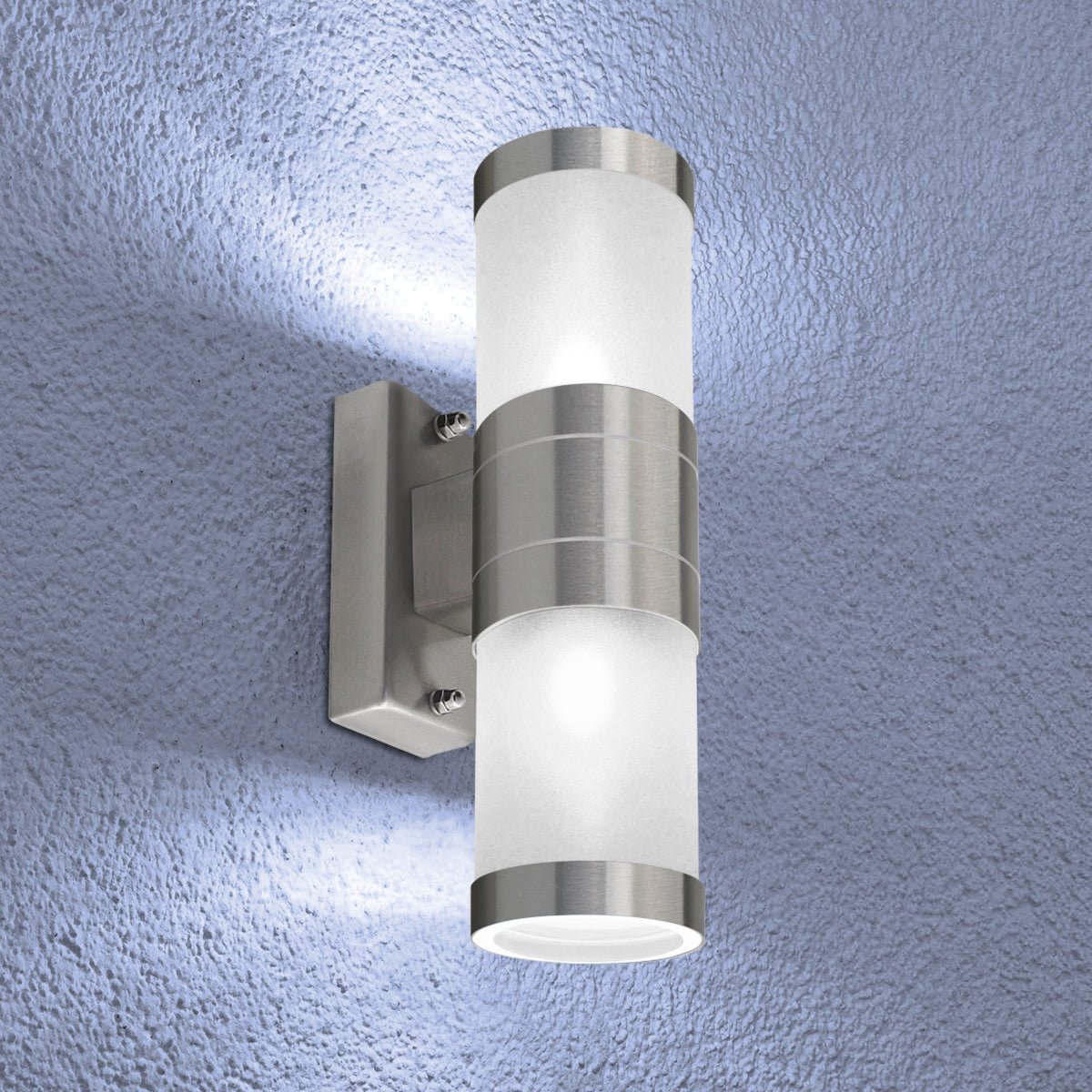 Stainless Steel Up Down Wall Light Frosted Glass Cover IP44 Garden Wall Light - Energy Light Bulbs - Free delivery on all orders