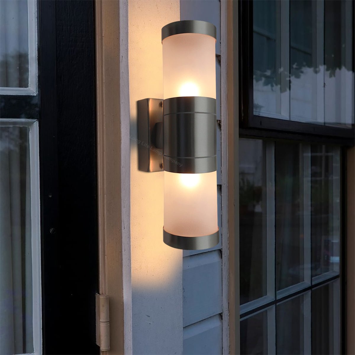Stainless Steel Up Down Wall Light Frosted Glass Cover IP44 Garden Wall Light - Energy Light Bulbs - Free delivery on all orders