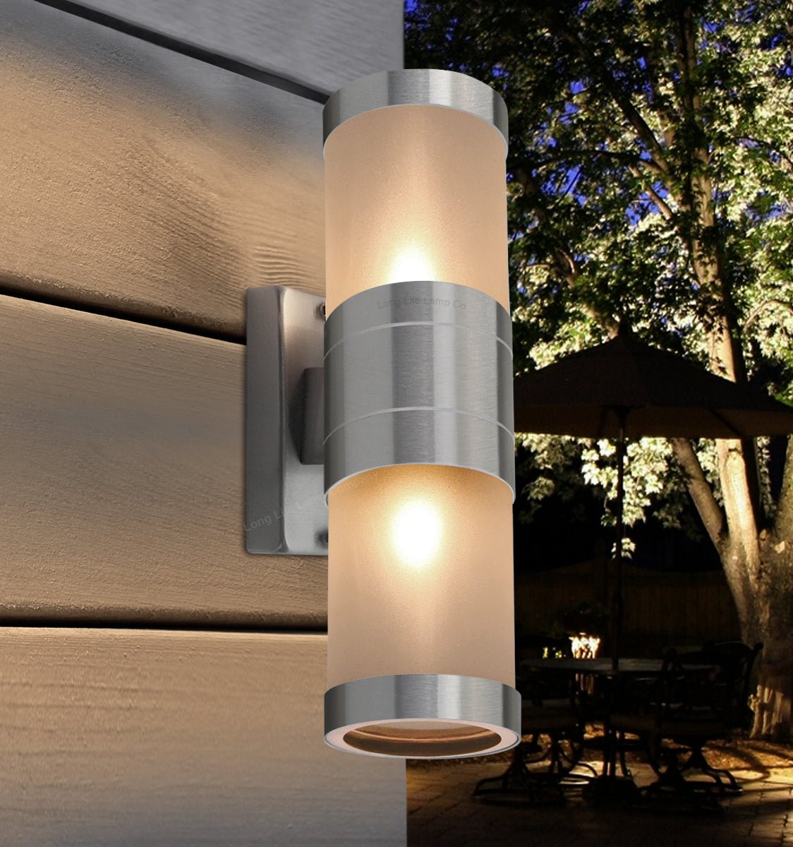Stainless Steel Up Down Wall Light Frosted Glass Cover IP44 Garden Wall Light - Energy Light Bulbs - Free delivery on all orders