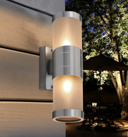 Stainless Steel Up Down Wall Light Frosted Glass Cover IP44 Garden Wall Light - Energy Light Bulbs - Free delivery on all orders