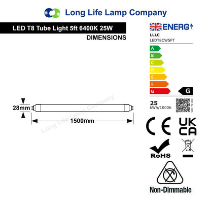T8 LED Frosted Tube Light 2ft, 3ft, 4ft, 5ft, 6ft Direct Replacement for Fluorescent Tube 6400K - Free delivery on all orders