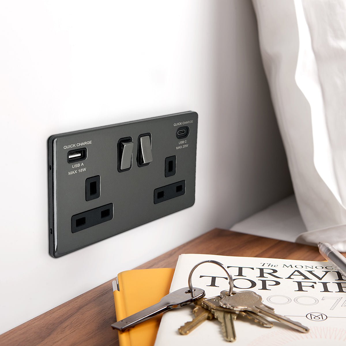 USB Double Socket With 2 USB Charger Port Black Nickel Plate Quick Charge - Energy Light Bulbs - Free delivery on all orders