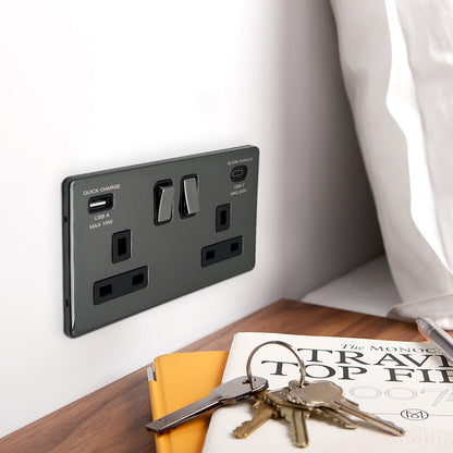 USB Double Socket With 2 USB Charger Port Black Nickel Plate Quick Charge - Energy Light Bulbs - Free delivery on all orders