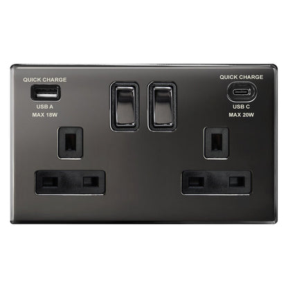 USB Double Socket With 2 USB Charger Port Black Nickel Plate Quick Charge - Energy Light Bulbs - Free delivery on all orders