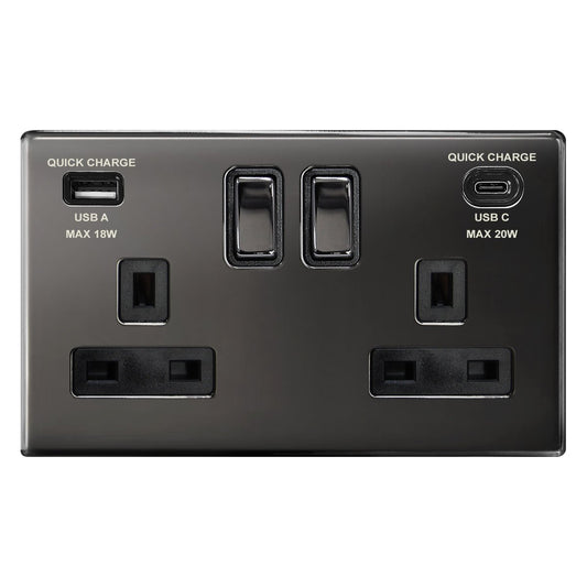 USB Double Socket With 2 USB Charger Port Black Nickel Plate Quick Charge - Energy Light Bulbs - Free delivery on all orders