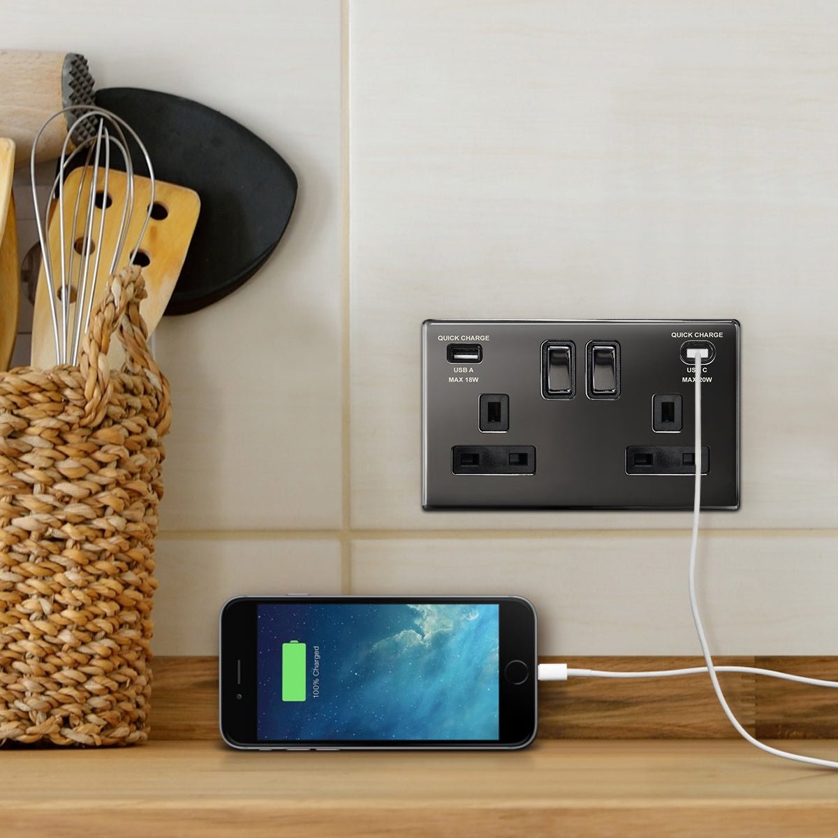 USB Double Socket With 2 USB Charger Port Black Nickel Plate Quick Charge - Energy Light Bulbs - Free delivery on all orders