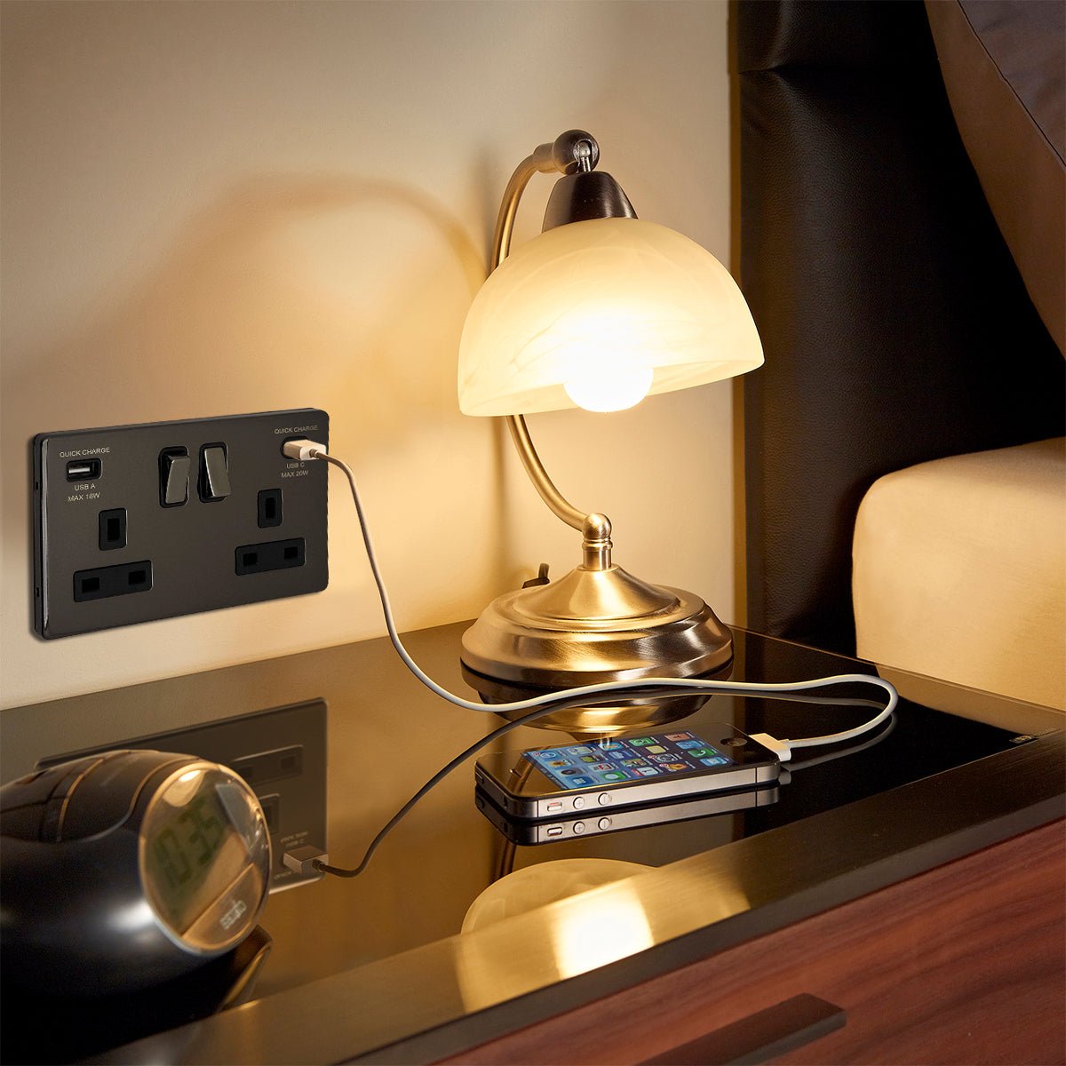 USB Double Socket With 2 USB Charger Port Black Nickel Plate Quick Charge - Energy Light Bulbs - Free delivery on all orders