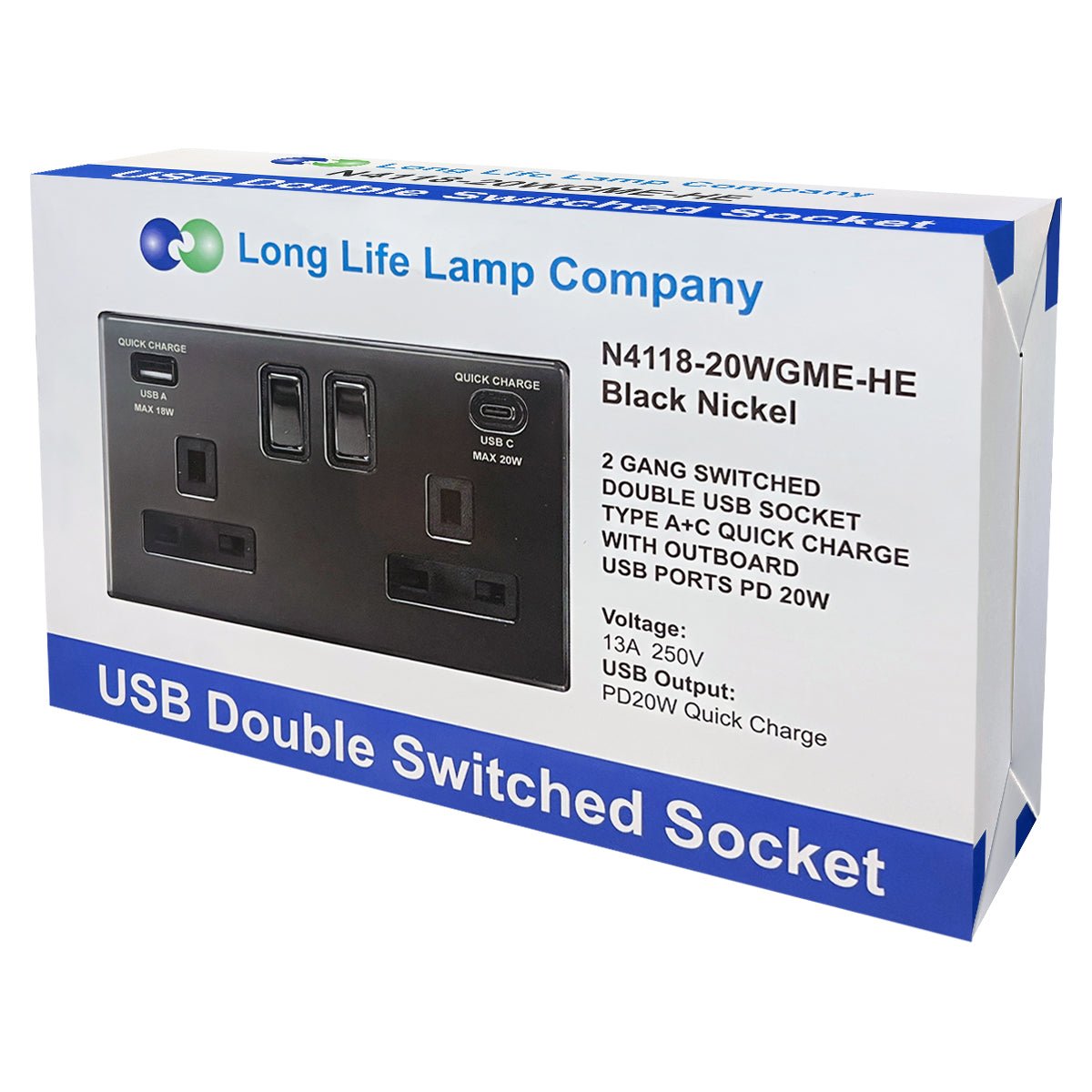 USB Double Socket With 2 USB Charger Port Black Nickel Plate Quick Charge - Energy Light Bulbs - Free delivery on all orders