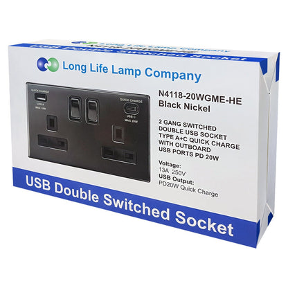 USB Double Socket With 2 USB Charger Port Black Nickel Plate Quick Charge - Energy Light Bulbs - Free delivery on all orders