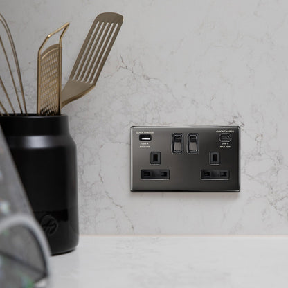 USB Double Socket With 2 USB Charger Port Black Nickel Plate Quick Charge - Energy Light Bulbs - Free delivery on all orders