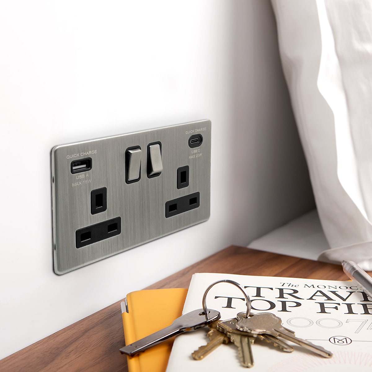 USB Double Socket With 2 USB Charger Port Brushed Chrome Plate Quick Charge - Energy Light Bulbs - Free delivery on all orders