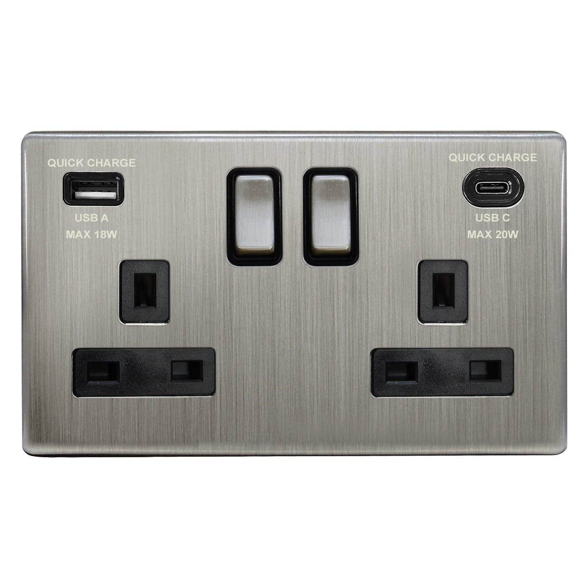 USB Double Socket With 2 USB Charger Port Brushed Chrome Plate Quick Charge - Energy Light Bulbs - Free delivery on all orders