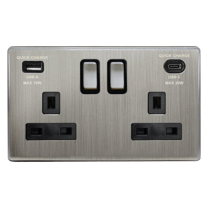 USB Double Socket With 2 USB Charger Port Brushed Chrome Plate Quick Charge - Energy Light Bulbs - Free delivery on all orders