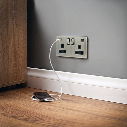 USB Double Socket With 2 USB Charger Port Brushed Chrome Plate Quick Charge - Energy Light Bulbs - Free delivery on all orders